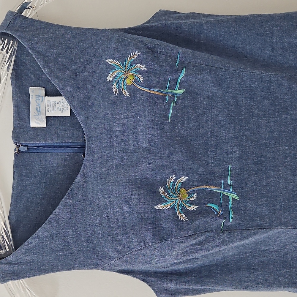 Kenji Sleeveless Chambray Midi Dress With Embroidered Palm Trees Size 6 - Picture 3 of 15